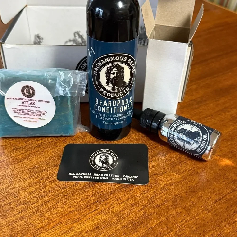 NIB MAGNANIMOUS Beardpoo & Conditioner Beard Oil and TROPICAL TEAKWOOD Soap Set